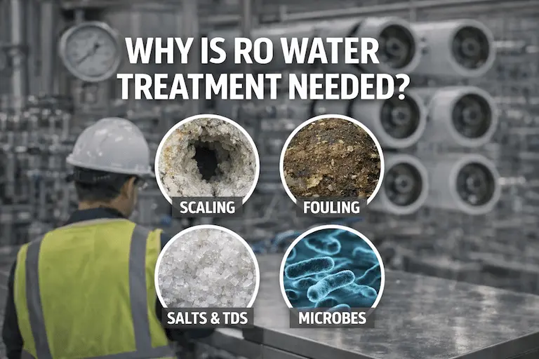 Diagram-style photo showing RO membrane scaling, fouling, salts and TDS, and microbial contamination concerns